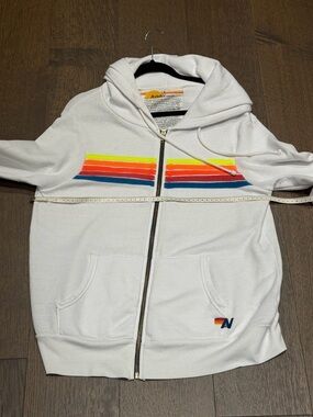 Aviator Nation White Zip Hoodie with Multicolor Chest Stripes